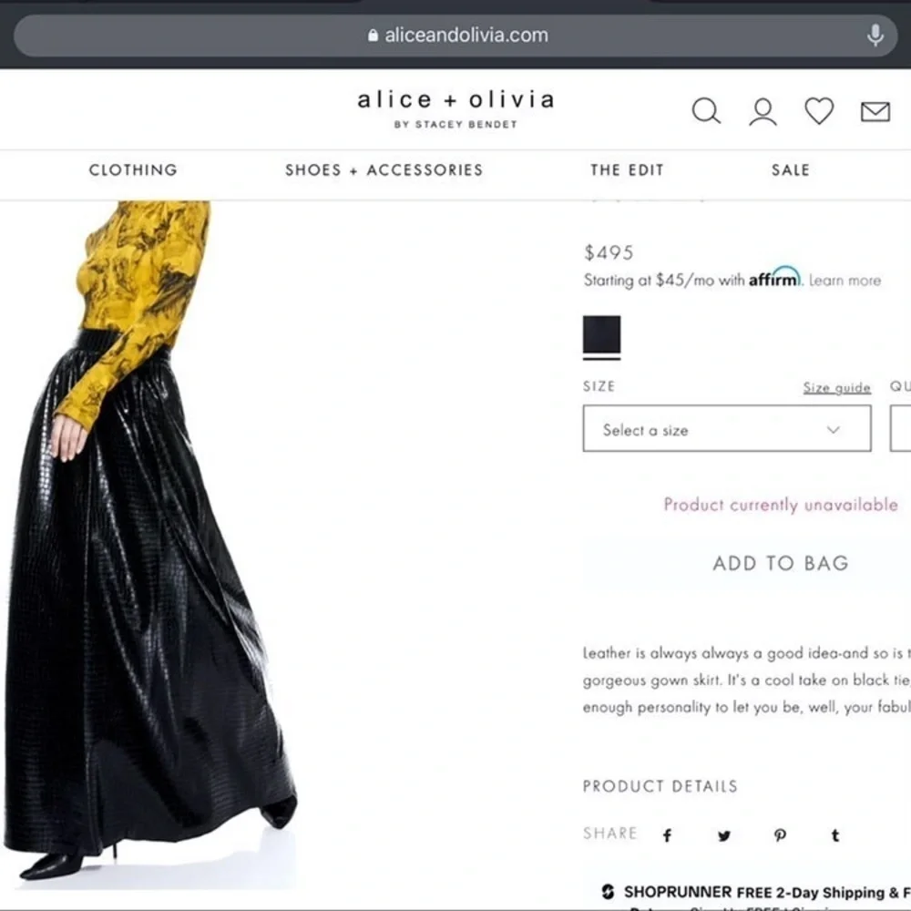 Alice + Olivia Tina Vegan Leather Gorgeous Black Ball Gown Maxi Skirt